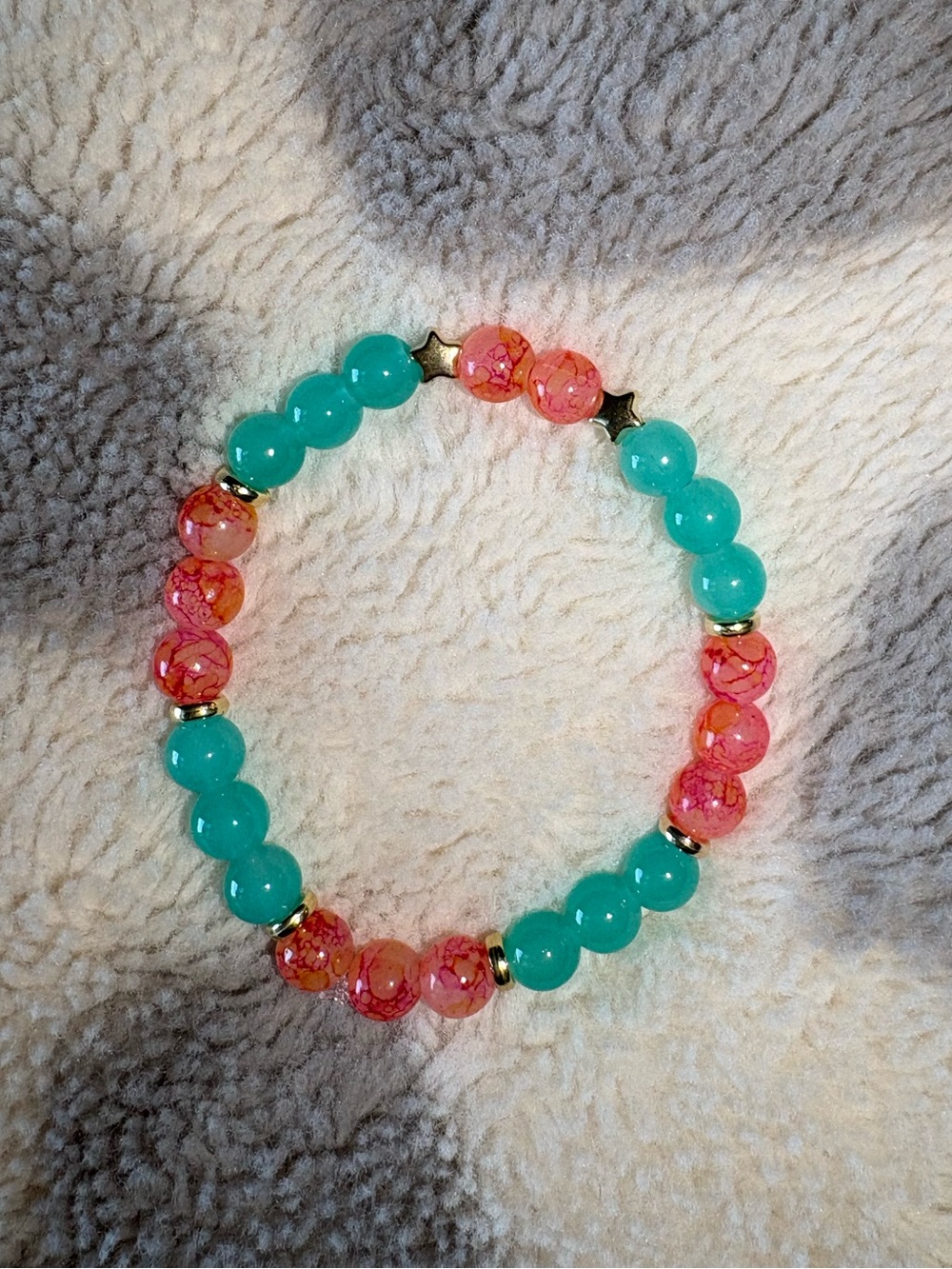 Turquoise & Coral Beaded Stretch Bracelet with Gold star accents🪸